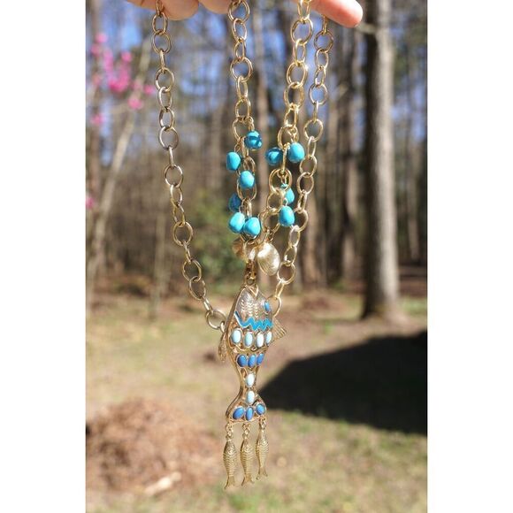 Vintage 00s Lilly Pulitzer Blue Gold Fish Necklace - Picture 4 of 6